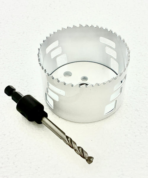 3-1/4 inch hole saw with hex shank arbor and centering pilot bit